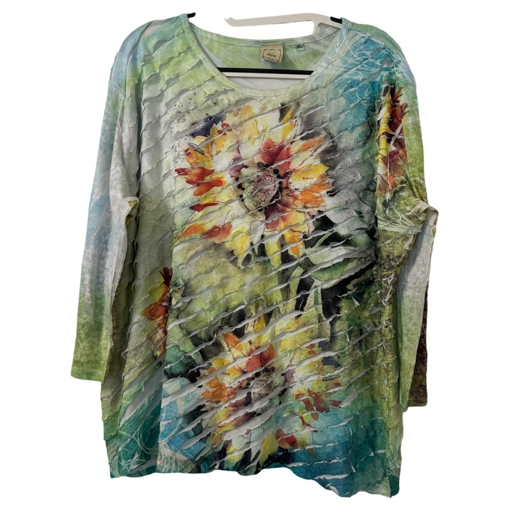 Vintage 90s Jess & Jane Sunflower Ruffle Overlay Unique Art to Wear Top Size‎ XL